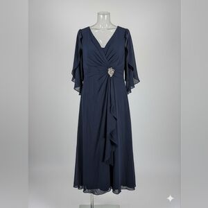 Elegant Navy V-Neck Ruffle Chiffon Dress with Brooch